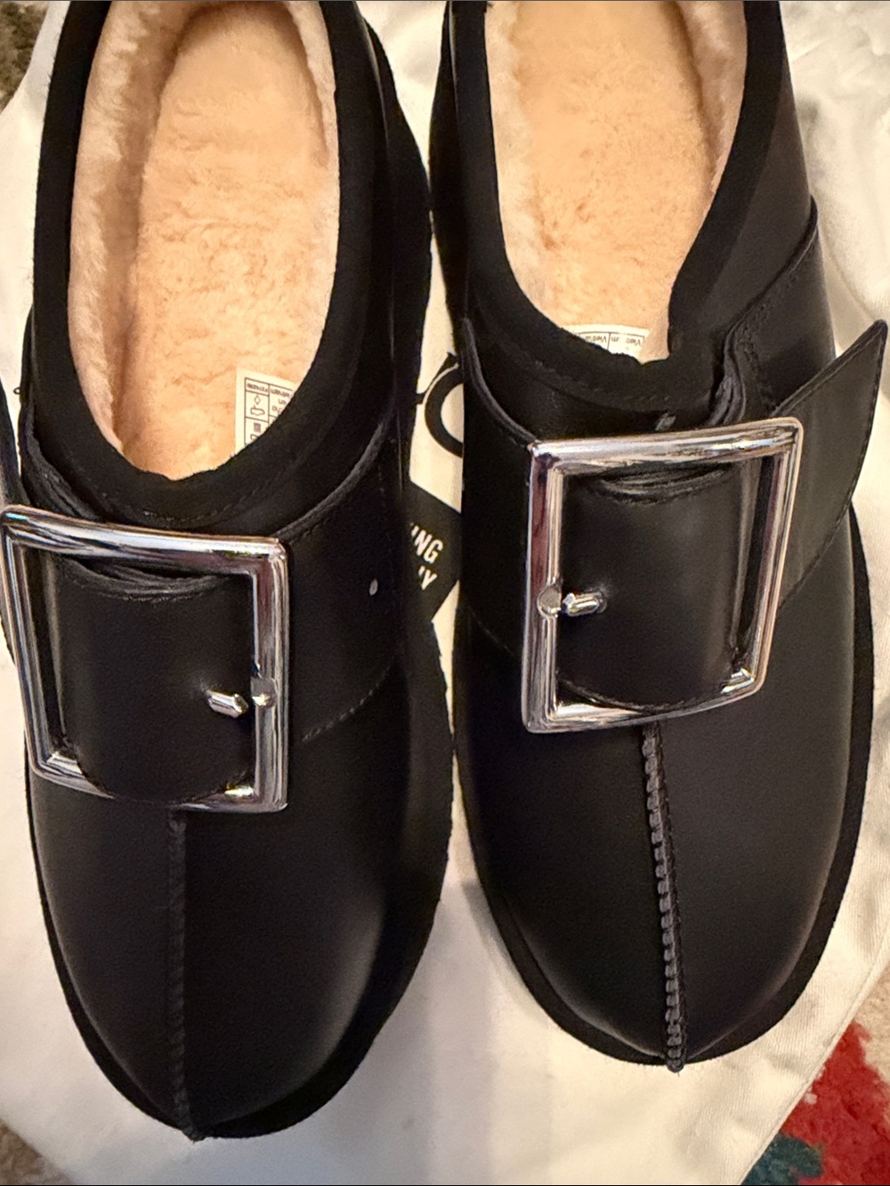 UGG Black Leather Platform Slip-On Shoes with Buckle - Picture 5 of 7